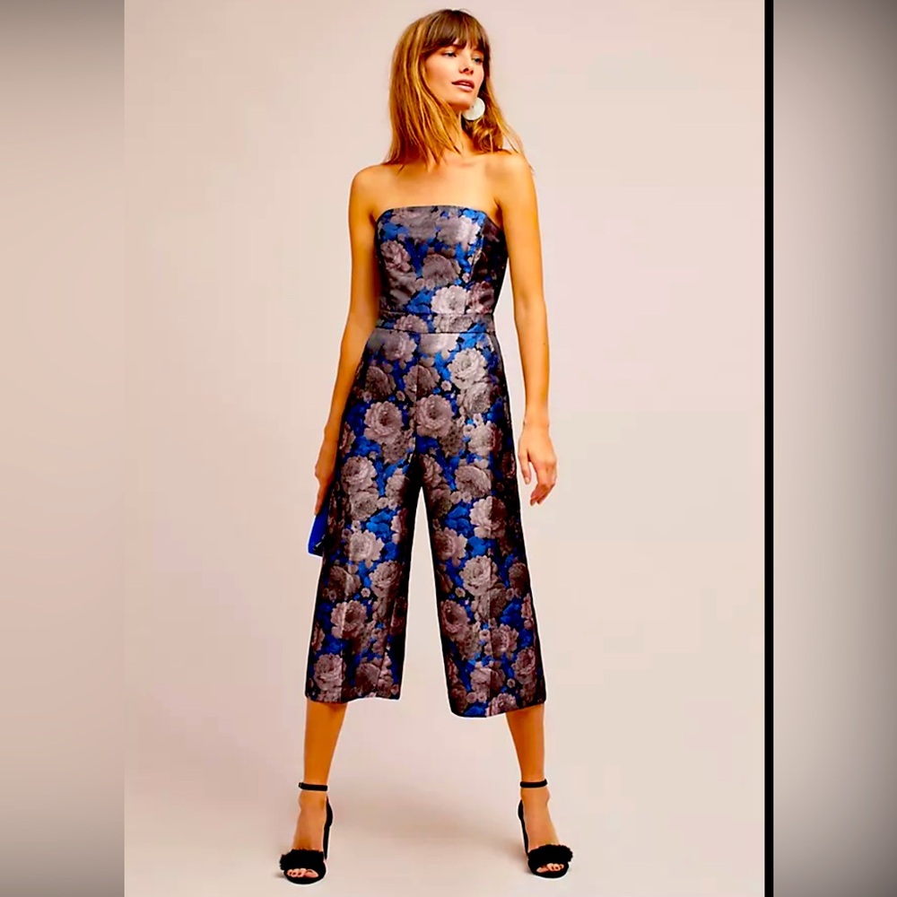 Greylin Anthropologie Blue and Bronze Pewter Brocade Jacquard Print Jumpsuit M